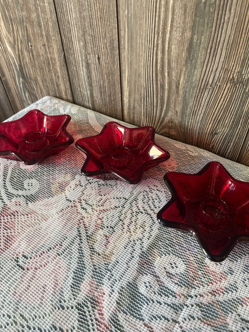 Ruby Red Glass Star Candle holders - 3-Piece